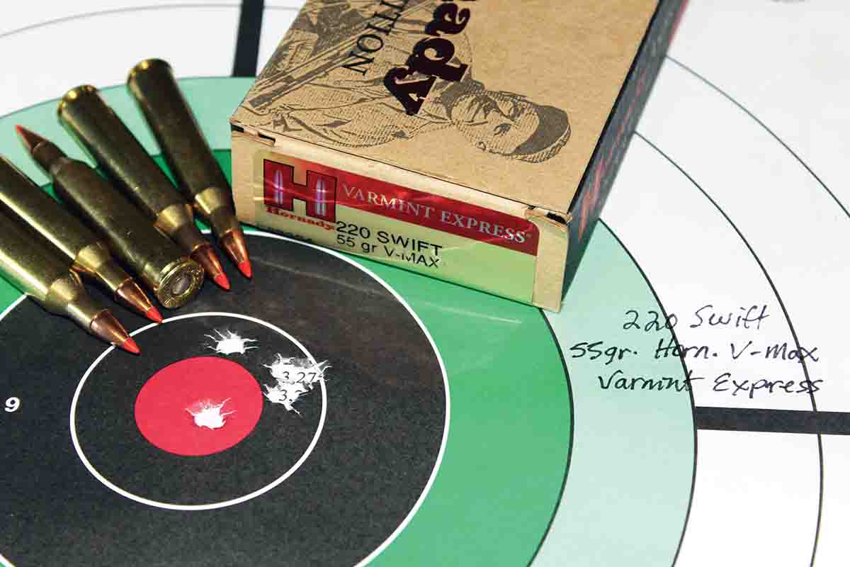 This 100-yard, five-shot group from Patrick’s old Ruger M77V proved fairly par. Hornady’s 55-grain V-MAX Varmint Express ammunition grouped into less than an inch. Only a couple of the handloads shot better.